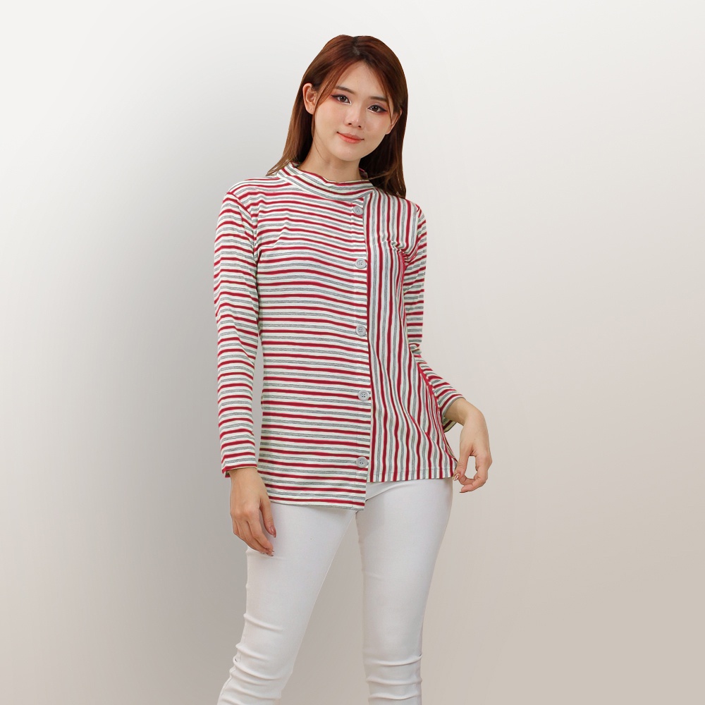 Kaos Lengan panjang wanita gaya korea corak salur variasi kancing tempel model terbaru - XSHOP Radya