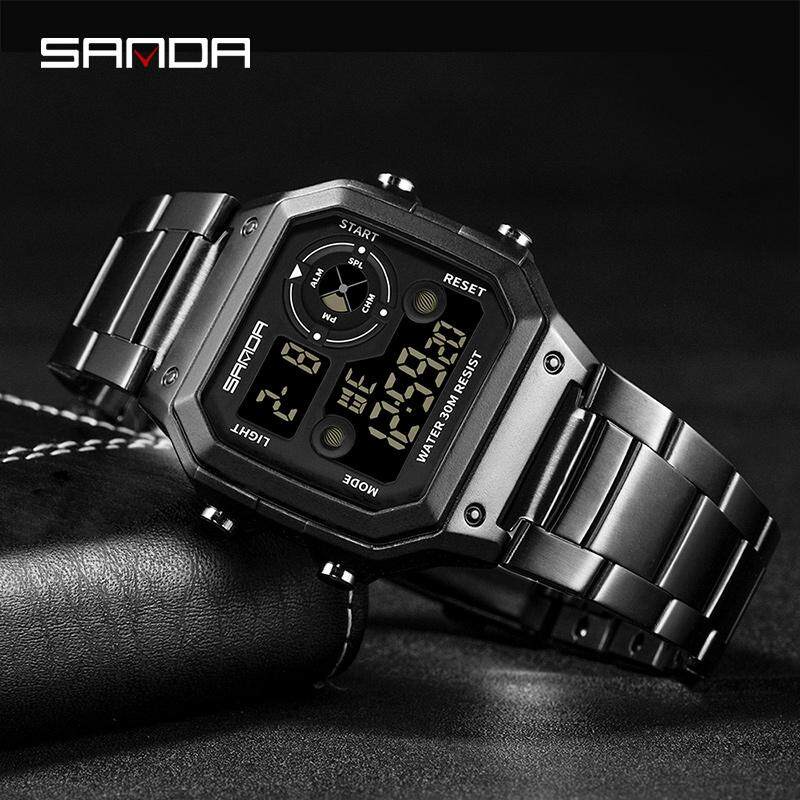 Sanda Jam Tangan Olahraga Mewah Pria, Jam Tangan Digital Olahraga Fashion Penghitung Mundur Baja Tah