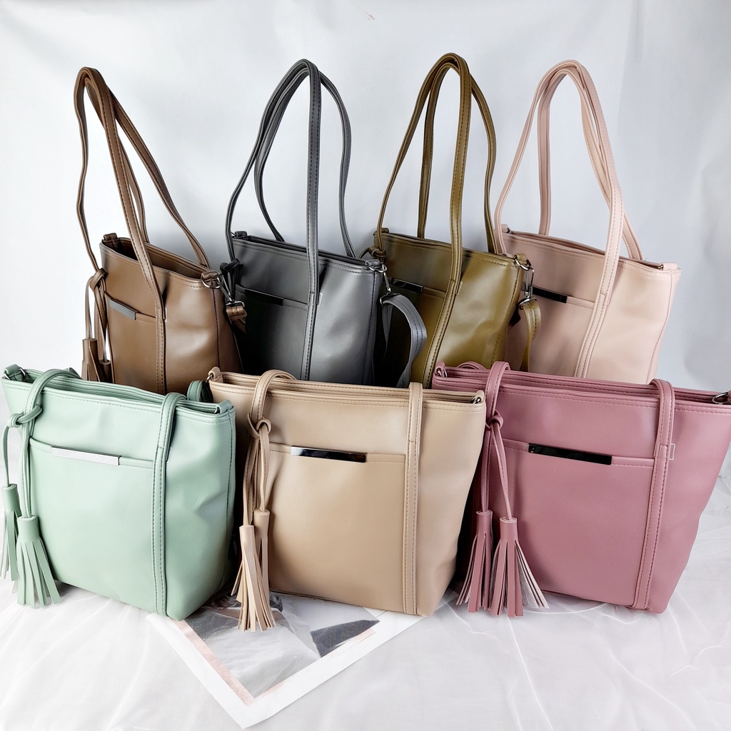 Tas Tote Wanita Kuliah Ngantor Ngemall Bahu Selempang Polos Leather Bag Lokal Premium Kulit Sintetis KT075 KT076 KT077 KT078