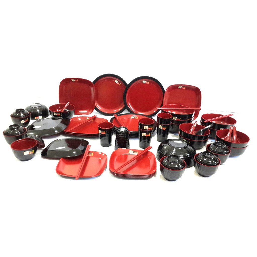 MELAMIN SET Paket Family Peralatan makan 1 Set Merah Hitam Golden Dragon  PIRING MELAMIN SET