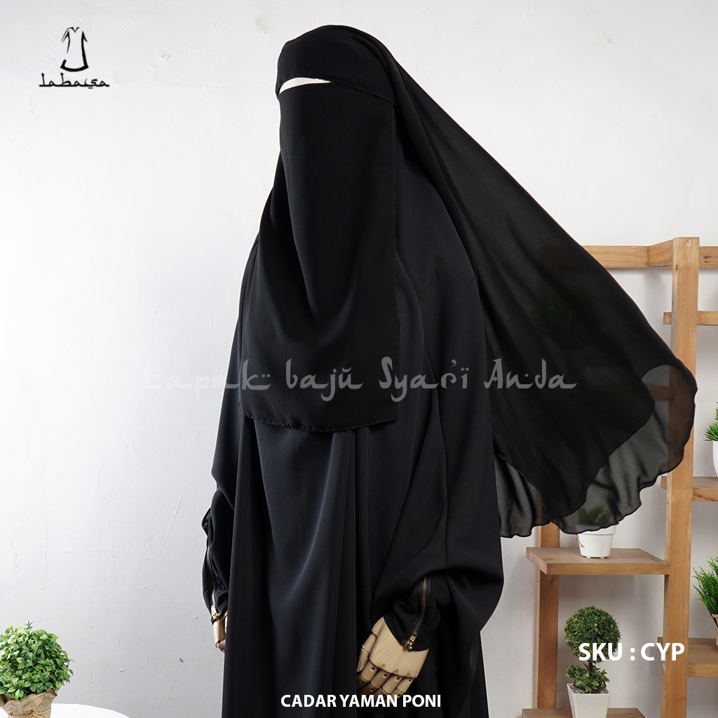 Cadar Yaman Poni Sifon Jetblack ( tanpa jahitan bawah mata ) - Labasa Ori | Niqab Yaman