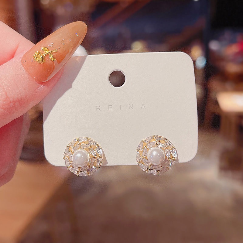 Shuling S925 silver needle Zircon Stud Earrings Cute Circle Earrings Female High Sense Pearl Earrings