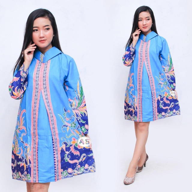 tunik wanita batik kantoran seragan murah jumbo big size biru muda