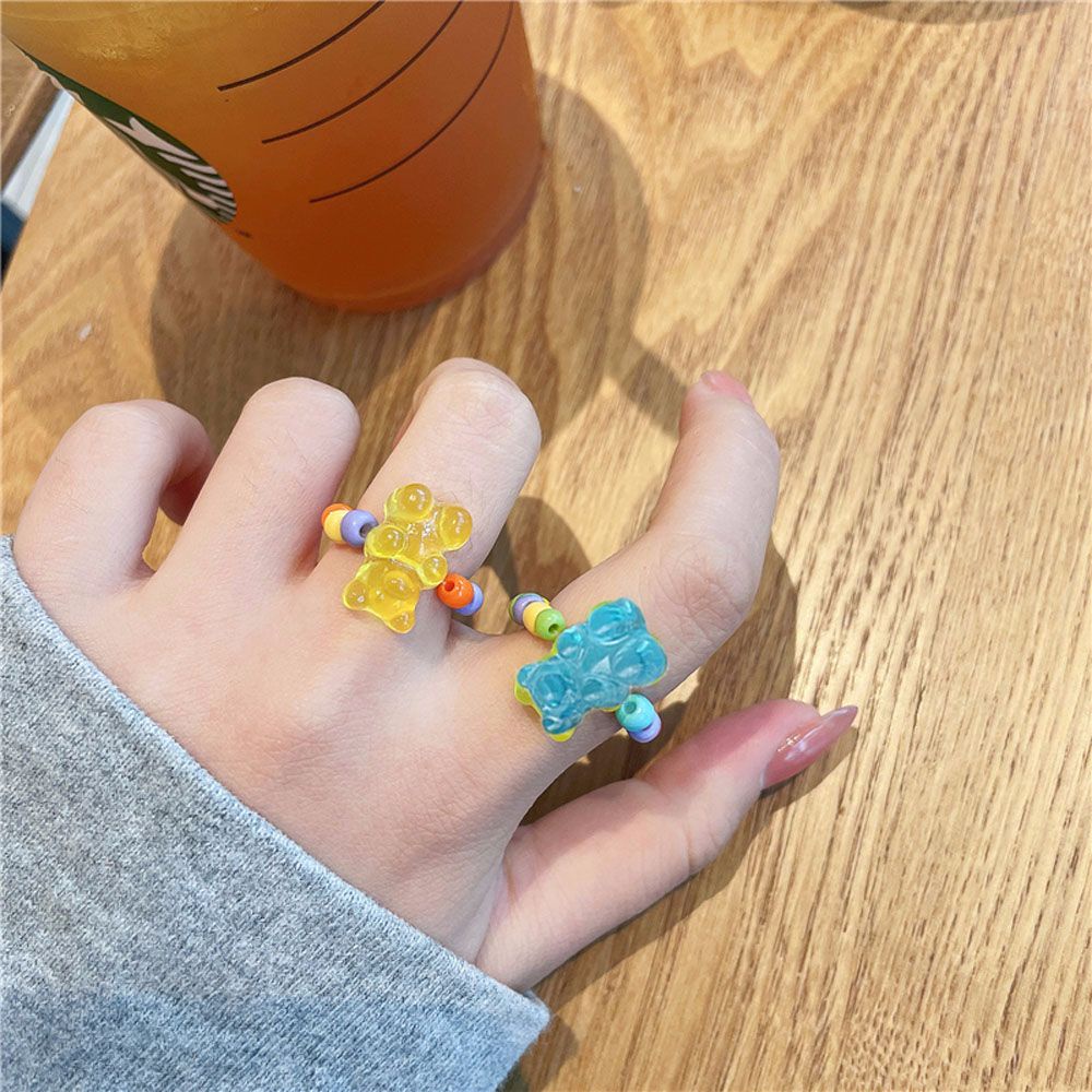 Needway  Women Girls Bead Rings Korean Fashion Jewelry Finger Ring Elastic Kpop Elegant Sweet Summer Geometric Bear/Multicolor