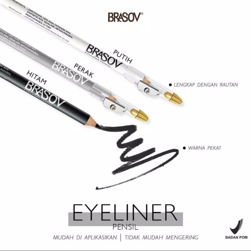 BRASOV Eyeliner Pencil 1.1 gr Halal Waterproof || BRASOV Pulpen Eyeliner Netto 2 ML Perfect Black Waterproof Liquid Eye Liner Pen XX-CT Hitam