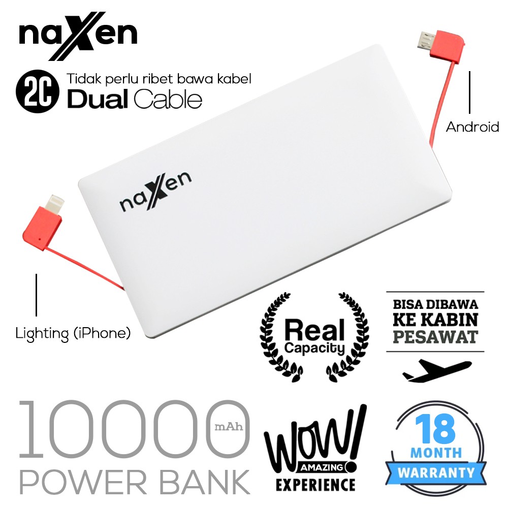 Powerbank 10000Mah Slim Naxen with Kabel Iphone & Android - Power bank 10000mah