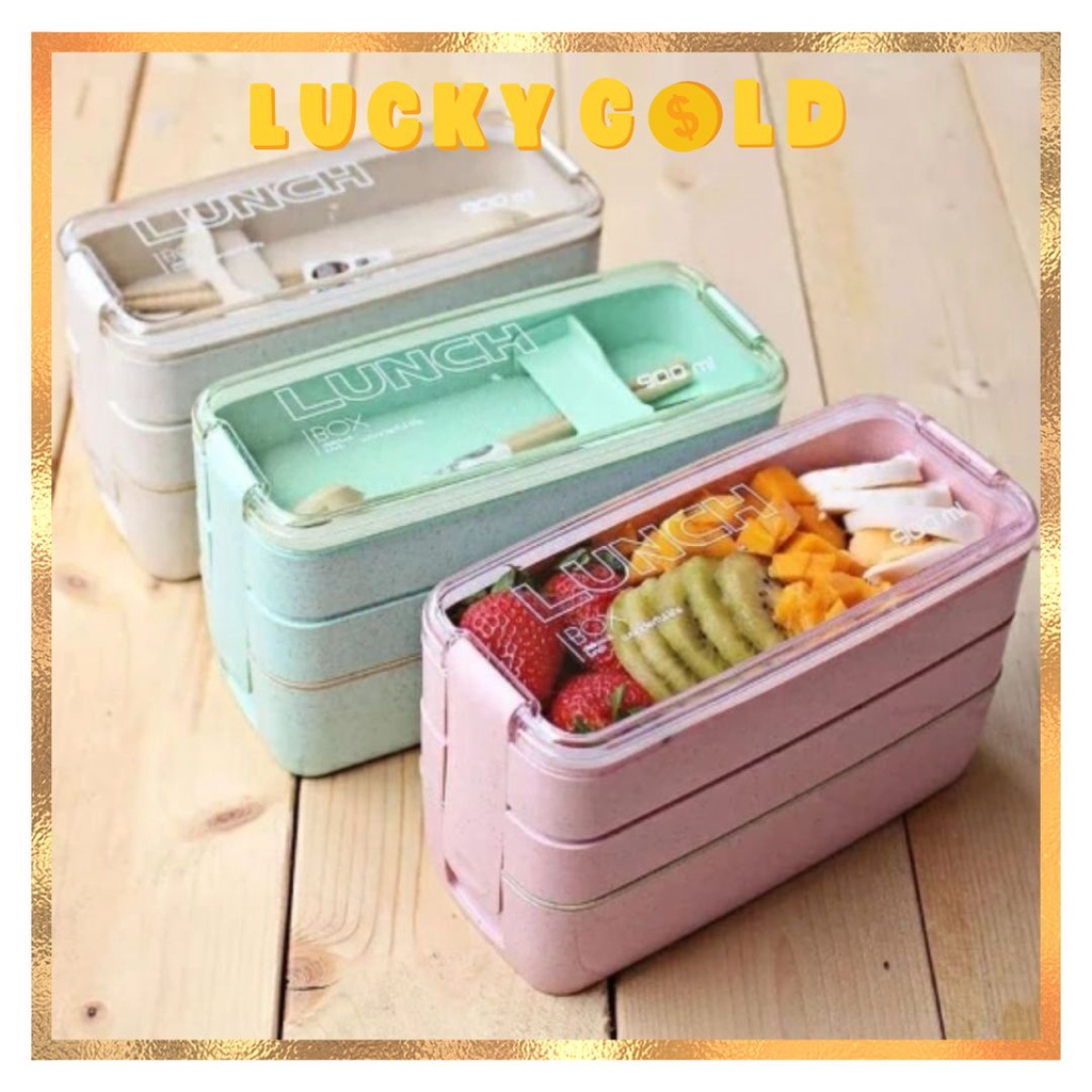 LUNCH BOX KOTAK MAKAN JERAMI 3 SUSUN TINGKAT SET PERALATAN MAKAN/SOUVERNIR KADO. TEMPAT MAKAN MURAH