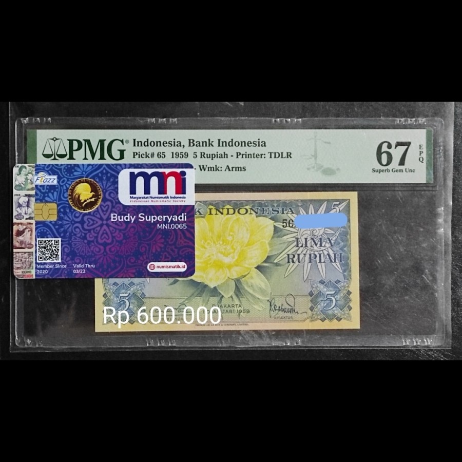 Uang Kuno Kertas Rp 5 1959 Seri Bunga UNC PMG 67 EPQ
