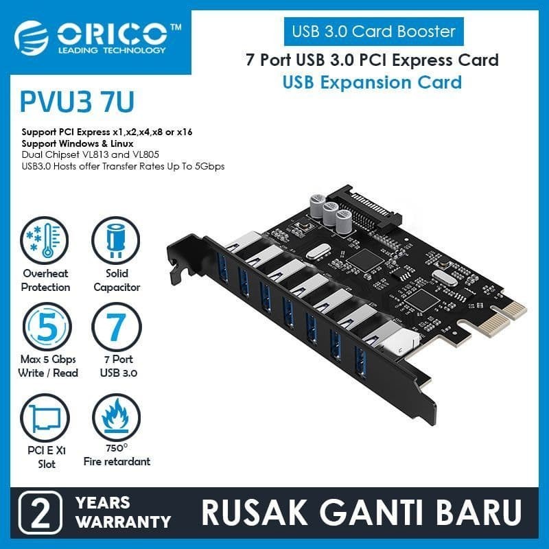 ORICO 7 Port USB3.0 PCI-E Expansion Card with Dual Chip - PVU3-7U