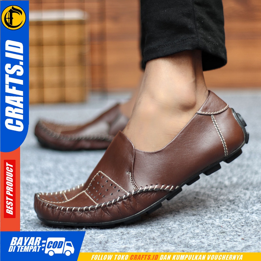 Sepatu Slip On Pria Sepatu Casual Pria Kulit Asli Kerja Kantor Kuliah Kondangan Sepatu Slop Pria Sepatu Hitam Pria CRAFTS GRACKO