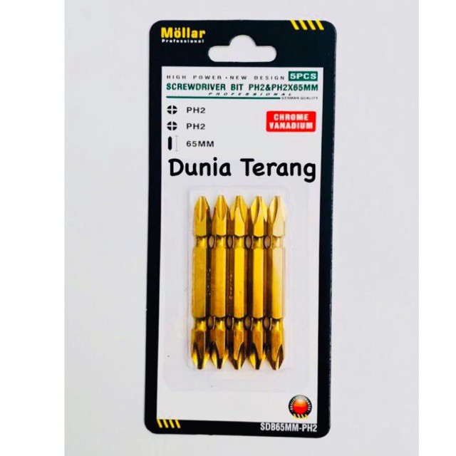 5PCS Mata Obeng Angin MOLLAR PH2PH2 x 65mm CrV Screwdriver Bit PH2 65 mm Plus Plus ++ Mata Bor Obeng