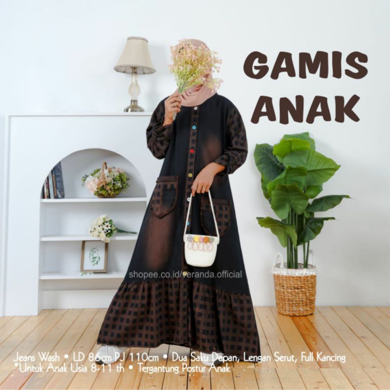 Manda Gamis Jeans Anak Perempuan Tanggung Umur 8-11 Tahun Baju Maxi Jins Rempel Susun Hitam Remaja M
