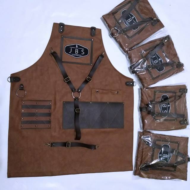 full apron brown synthetic leather Y strep for barista barberman etc