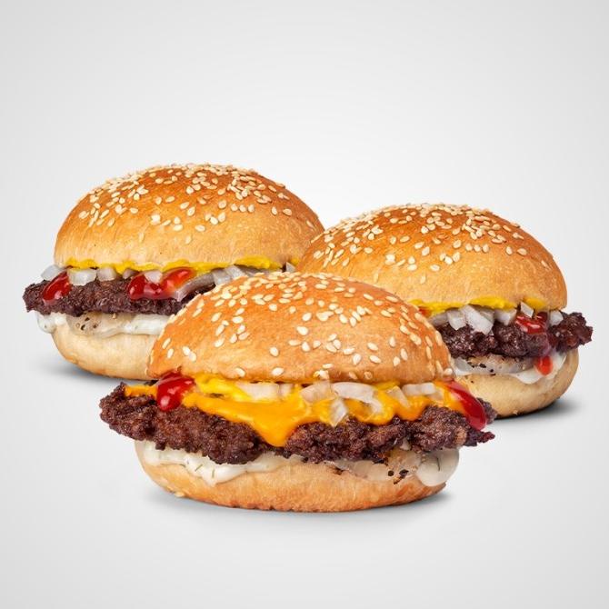 

3 pcs SMASHED WELFARE BURGER ( 2 pcs Beef dan 1 pcs Cheese Burger )
