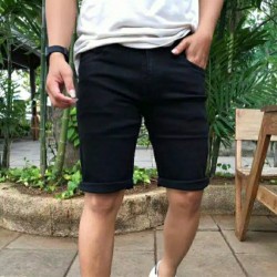 Lesta Langgeng - Celana Pendek Santai Pria Slimfit Bahan Kain Drill Warna Htam Polos