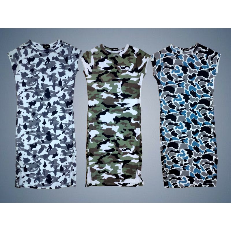 Army Loreng Camo Full Cotton Midi Sleeveless Bodycon Casual Office Work Dress Wanita Modest