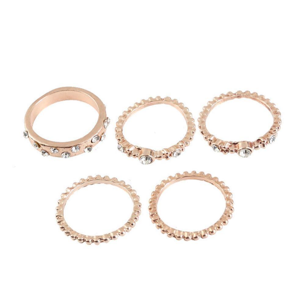 Timekey 5PCS / Set Cincin Rose Gold Hias Berlian Imitasi Gaya Simple Untuk Wanita A7K4