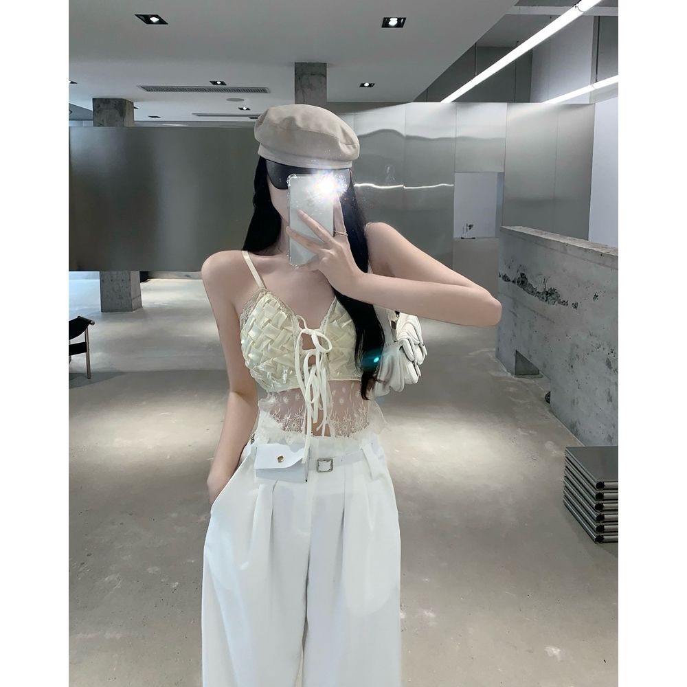 Red wanita French lace suspender kecil keinginan murni angin atas pakaian luar musim panas wanita desain ceruk kecil rompi kecantikan bagian dalam pendek