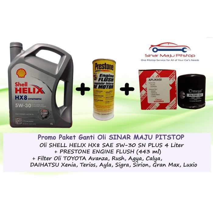 Paket Ganti Oli TOYOTA AVANZA & RUSH - Shell Helix HX8 5W-30 (4 Liter) & Filter Oli & Prestone Flush