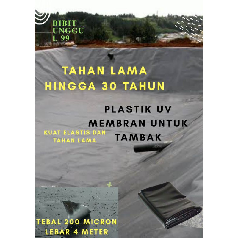 PLASTIK GEO MEMBRAN TEBAL 200 MICRON LEBAR 4 METER MEREK JUARA untuk waduk buatan,embung, kolam,atap