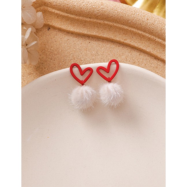 LRC Anting Tusuk Fashion White Asymmetric Love Fur Ball Earrings D71075