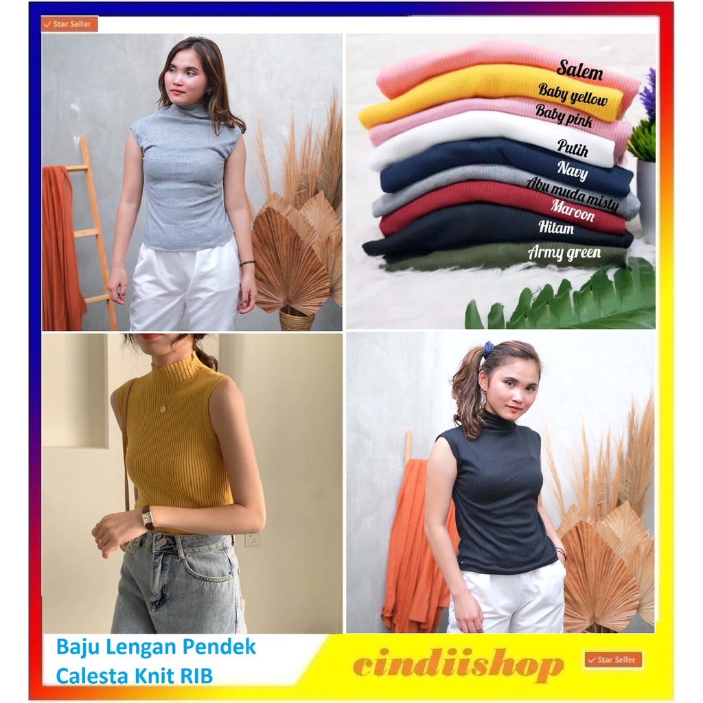 Baju Kaos Tanpa Lengan Pendek Claresta Knit Bahan Rib Pakaian Wanita Dewasa Cewek Atasan Turtleneck