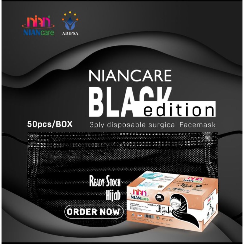 Masker Hijab Medis Nian Care 3 Ply Black(Hitam)/Masker Dewasa Niancare