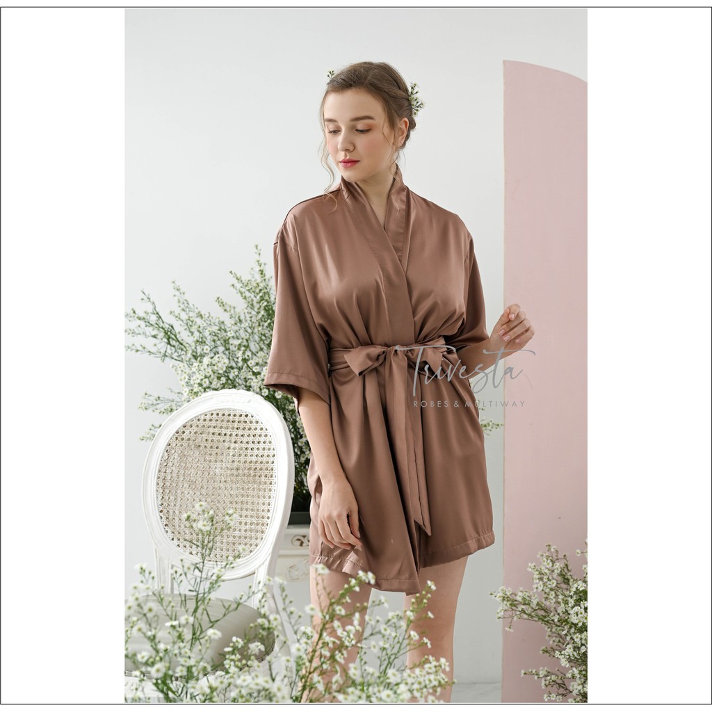 Basic Robe - KIMONO BRIDESMAID SATIN WARNA BRUNETTE + FREE BORDIR (TULISAN BEBAS BISA NAMA)