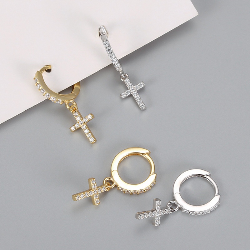 Anting Liontin Salib Bahan Zirkon Warna Silver Untuk Aksesoris Wanita
