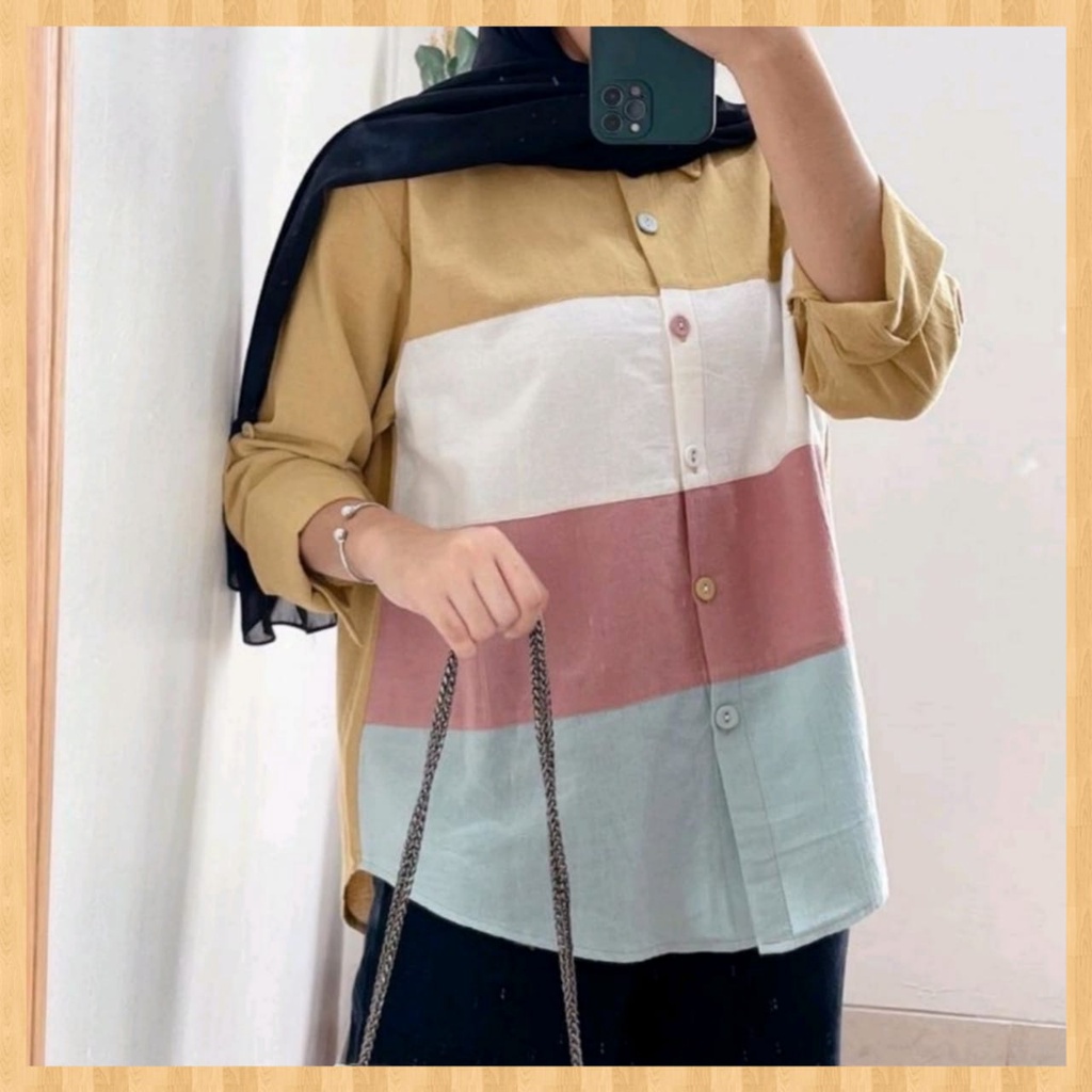 Atasan Blouse Kemeja Wanita Katun Linen Impor Terbaru-Kerah Kuning