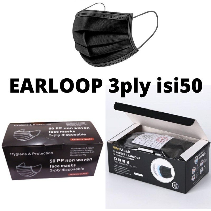 Masker Earloop 3 Ply Hitam DISPOSABLE Murah isi 50pcs / MASKER HITAM ISI 50 PCS