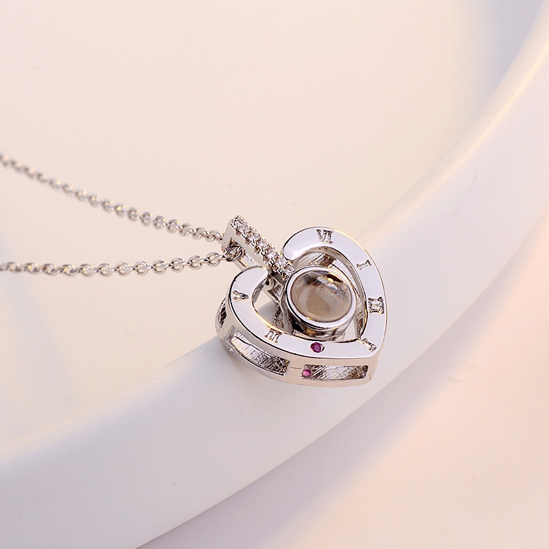 [Ready Stock]Fashion 925 Silver Plated Roman Numeral Heart-Shaped Diamond Pendant Necklace