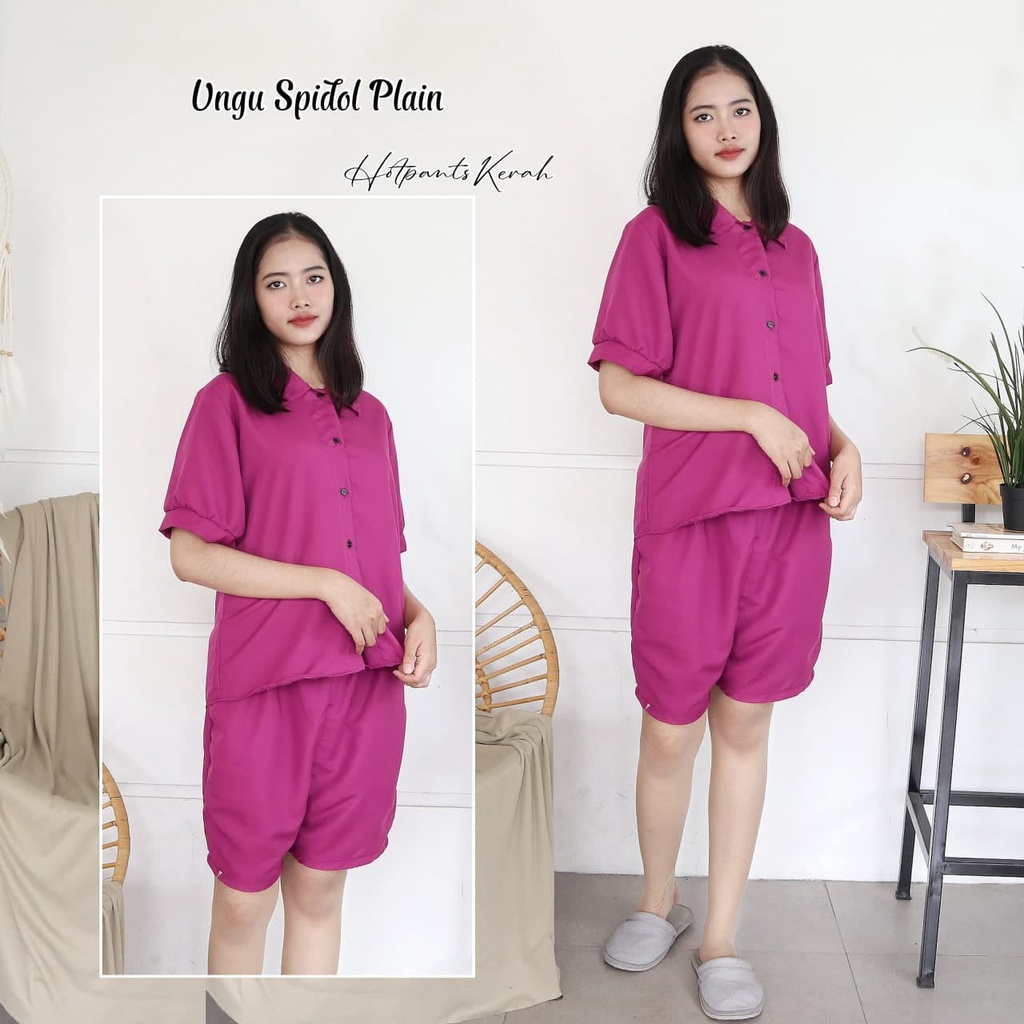 IZANY Piyama Dewasa Hotpant Lengan Balon / HP / Set Celana Pendek Dewasa banyak varian RAYON-UNGU SPIDOL PLAIN SA