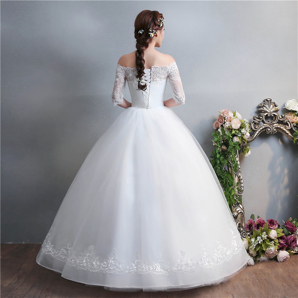 White Off Shoulder Lace Beaded Maxi Women Bridal Wedding Dress Ball Gown