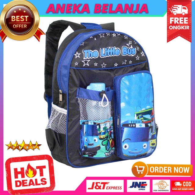 Ransel Punggung Khusus Anak Botol Cowok Gambar Kartun Little Bus Biru Berkualitas Keren Multifungsi