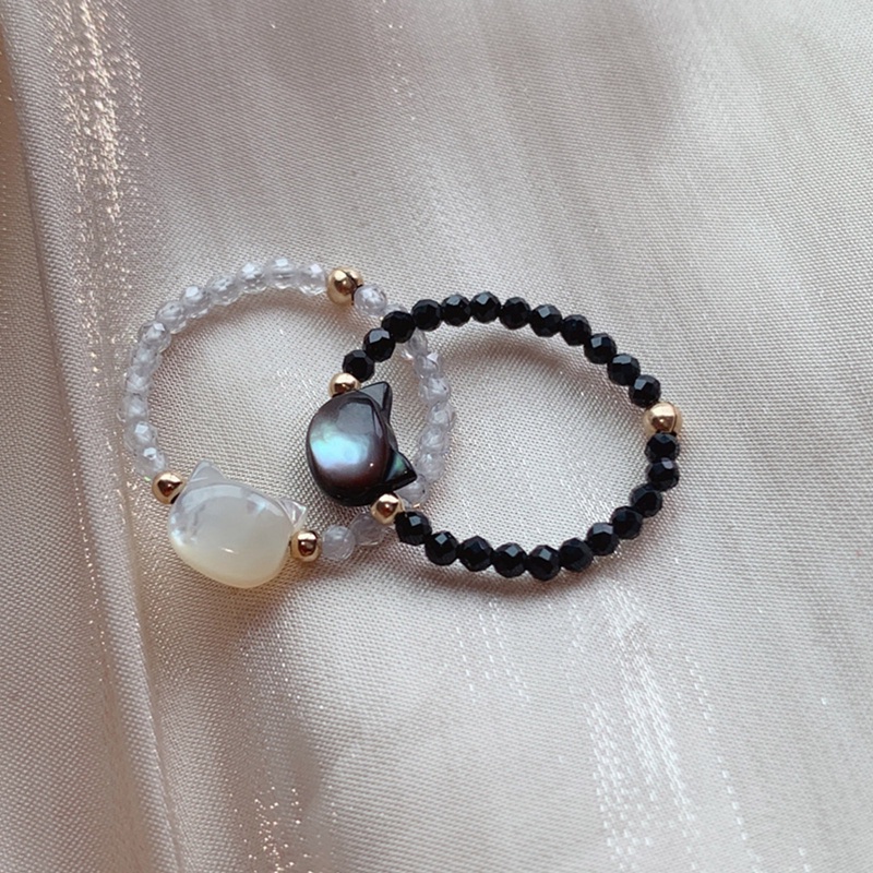 Cincin Kristal Imitasi Handmade Bentuk Kucing Warna Hitam Putih Gaya Korea Untuk Wanita
