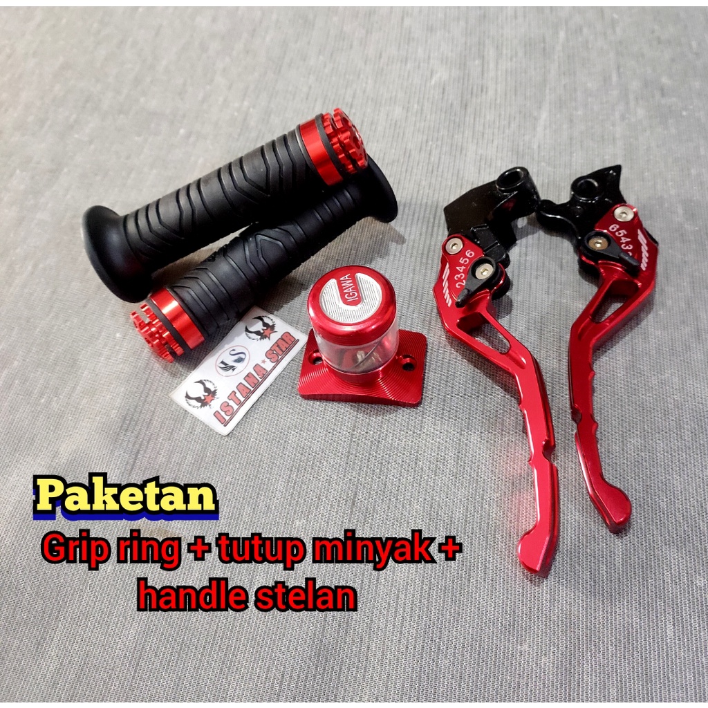 HENDEL / HANDLE motor all VIXION , RX KING model stelan Gold plus tutup minyak kaca plus grip ring harga 1 paket/MERAH