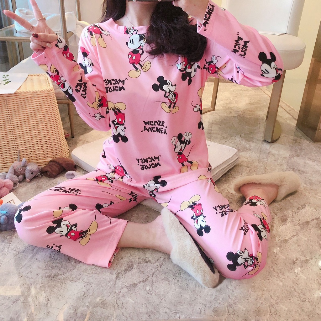 Baju Tidur Wanita Korea Import / Setelan Piyama Lengan Panjang Celana Panjang Bermotif Kartun Bahan SSAdem Dan Lembut