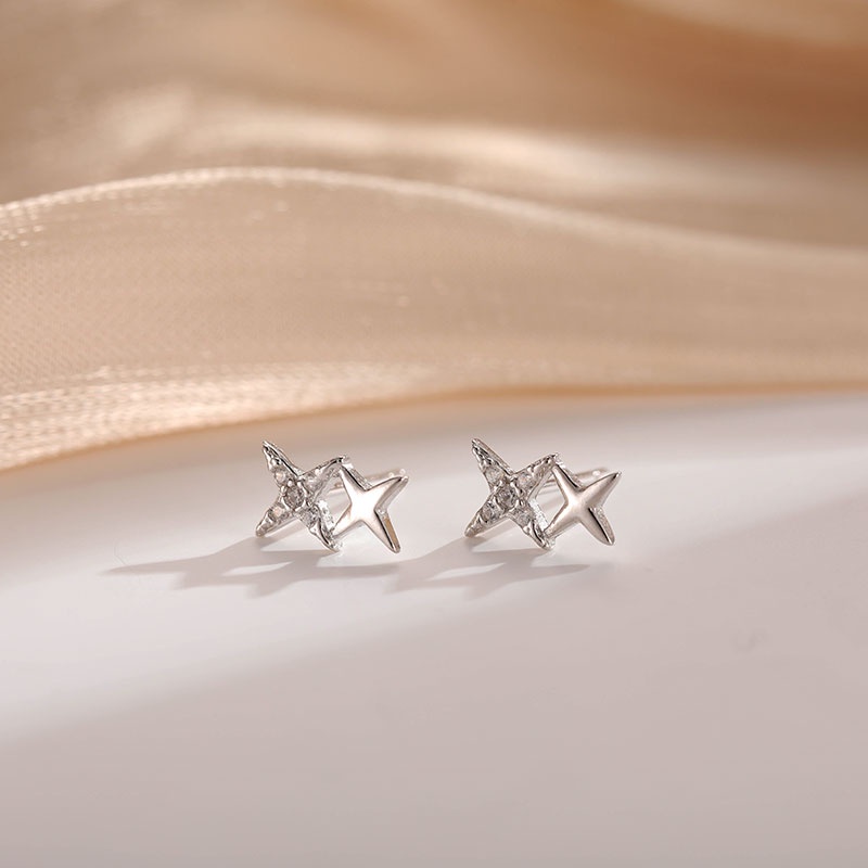 Roselife S925 Perak Bersinar Kristal Salib Double Star Stud Earrings Untuk Wanita Perempuan Korea CZ Telinga Perhiasan 1pasang