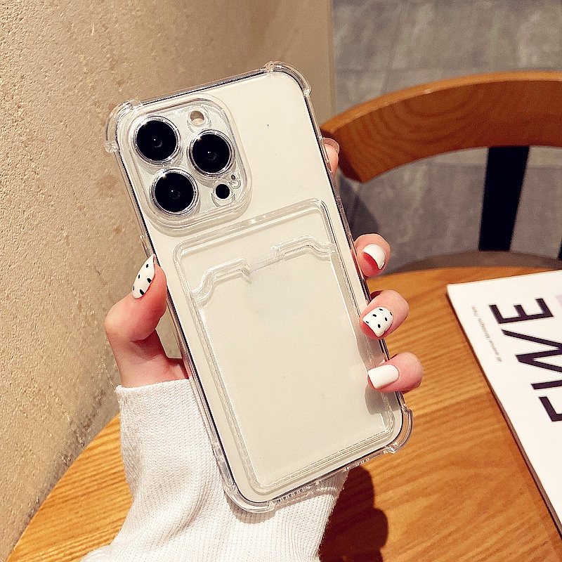 IPHONE Casing Transparan Shockproof Dengan Holder Kartu Untuk Iphone14 6/6s 6plus7 /8 SE 2020 7P/8Plus X XS XR 11 12 13 Mini Pro Max Black Soft Casing AT0226