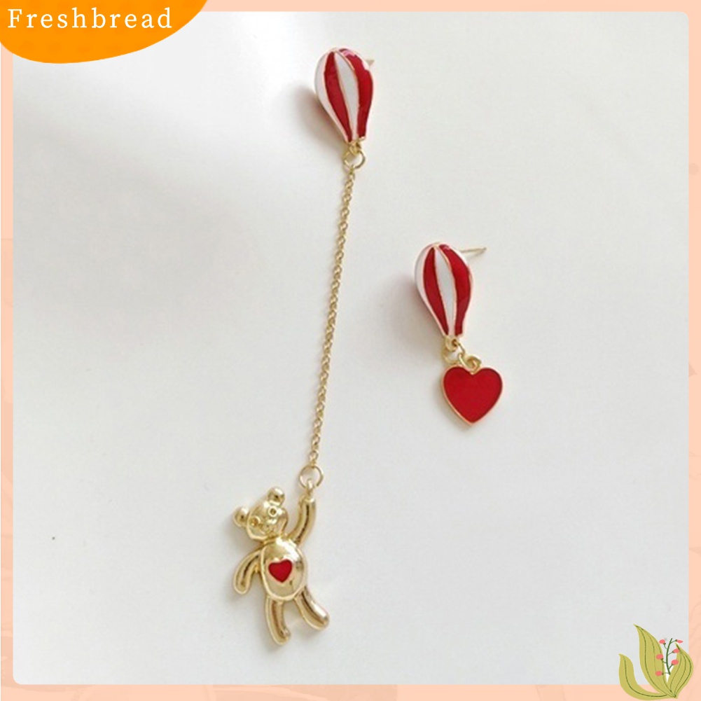 Fresh| Anting Tusuk Gantung Asimetris Desain Hati / Beruang / Balon Udara Untuk Wanita