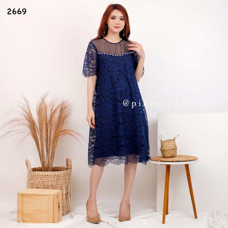 Dress brukat imlek kondangan pesta merah / dress brokat korean style / dress lace bangkok / 2669