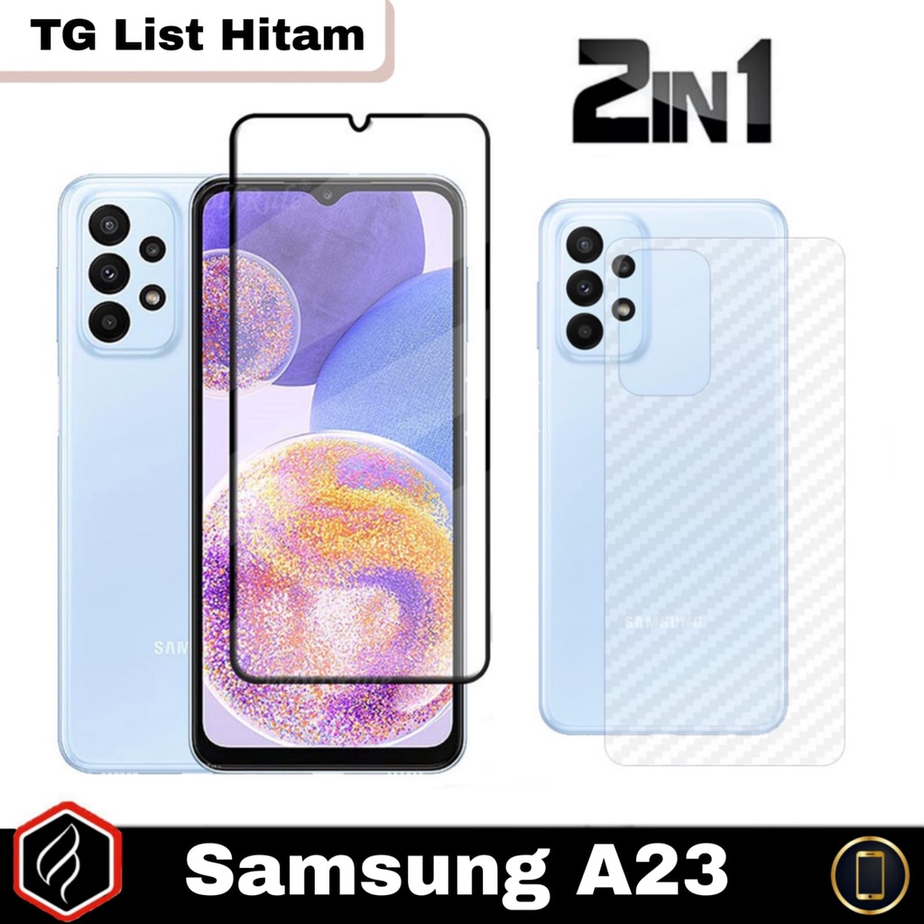 Paket 2 in 1 Tempered Glass SAMSUNG A23 Anti Gores Layar Full Cover Free Garskin Carbon For Samsung A23