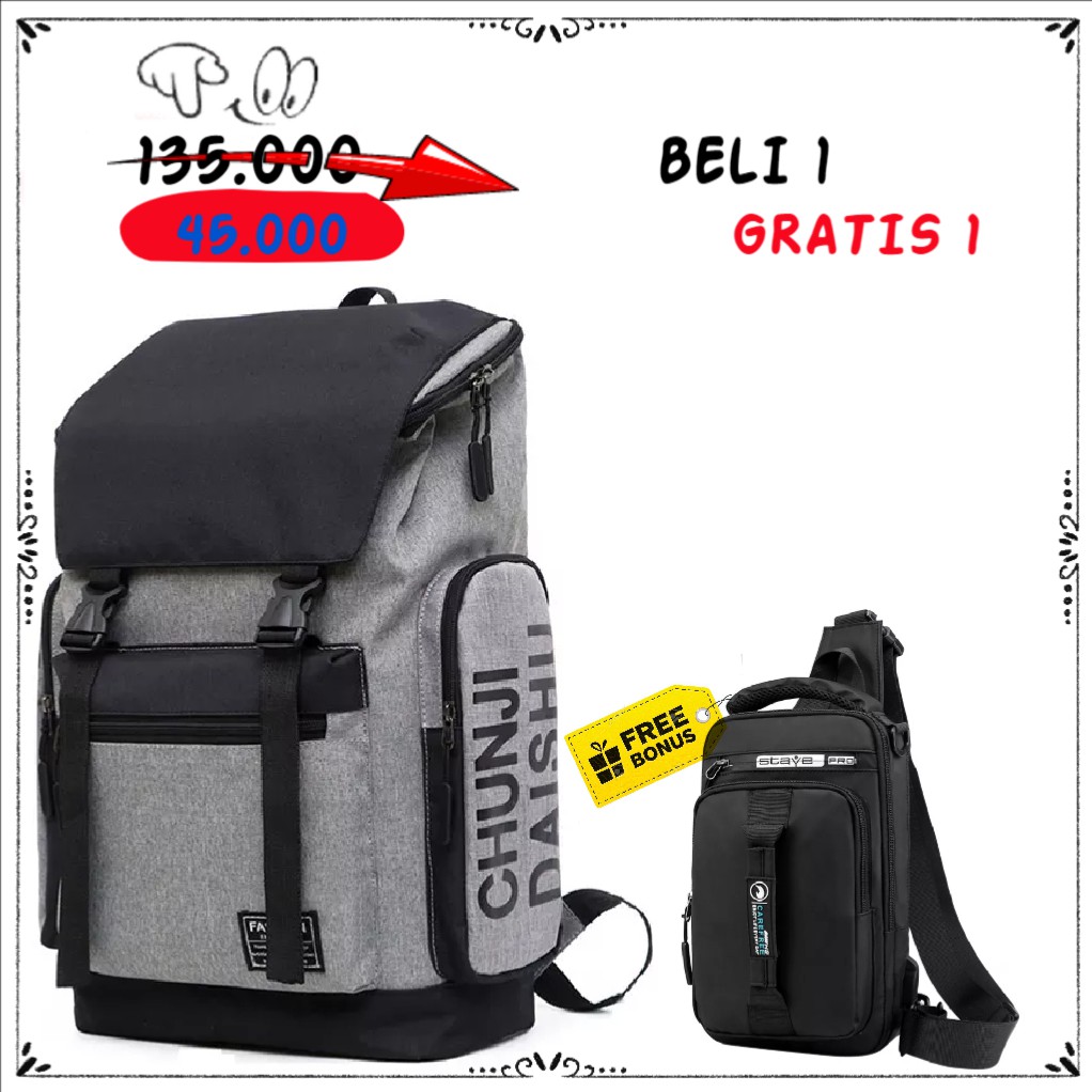 DT123 - Beli 1 GRATIS 1 Tas Ransel Pria Kasual Punggung - Tas Unisex HFGI Backpack Up To 15.6 Inch