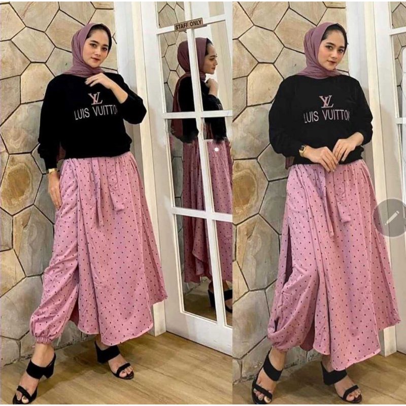 AZ NEW SET ROK BLOUSE BAHAN BABYTERY PINGGANG KARET KANTONG KANAN KIRI / SET ROK FASHION / SETELAN ROK WANITA-Hana Hitam-Dusty