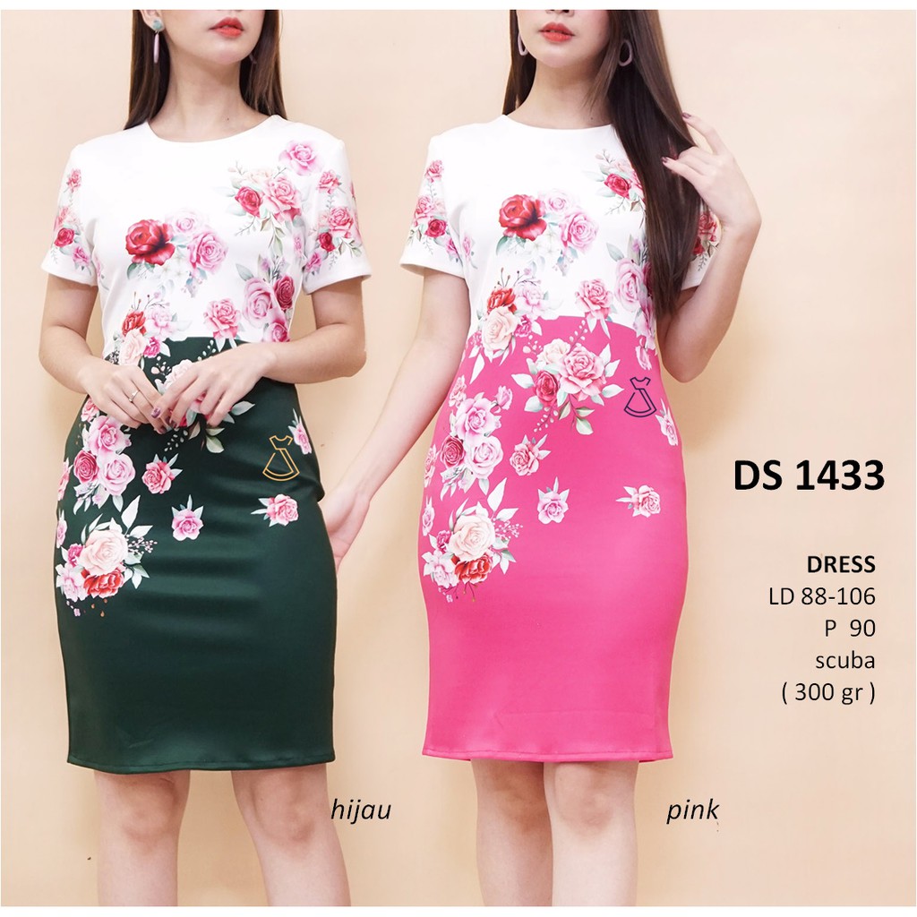 DS1433 - DRESS PESTA SCUBA BUNGA PRINT DRESS MIDI WANITA MODERN MURAH