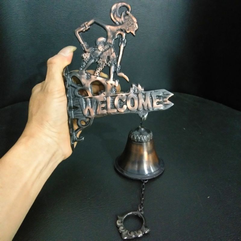 Bel pintu lonceng kuningan motif bima tulisan welcome