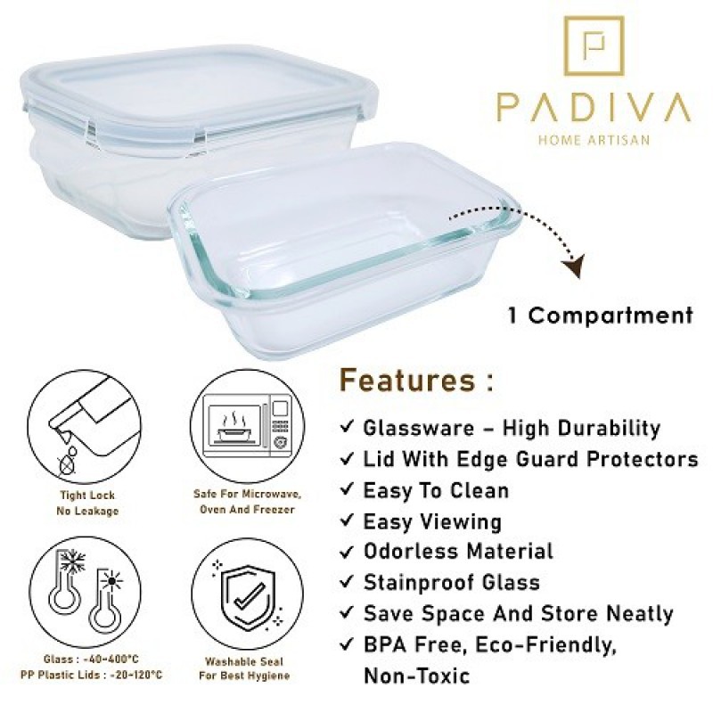 Padiva Glassbox 1 Compartment Glass Container Tanpa Sekat 2 Pcs - 1520 ml