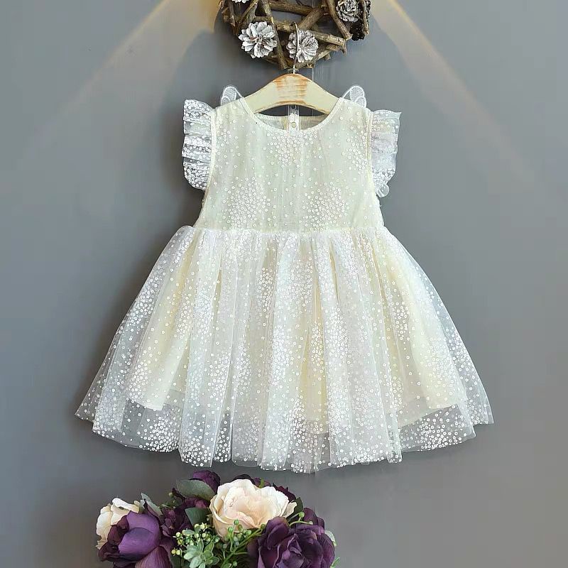 Dress Pesta Anak Motif Bunga Putih Sayap