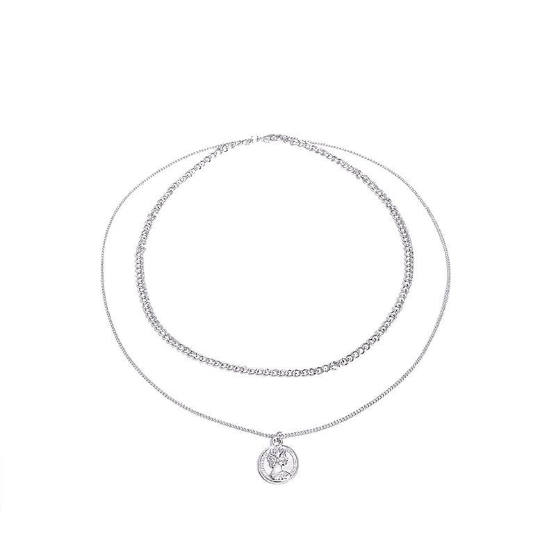 Kalung Double Layer Elizabeth Silver Coin Multilayer Necklace